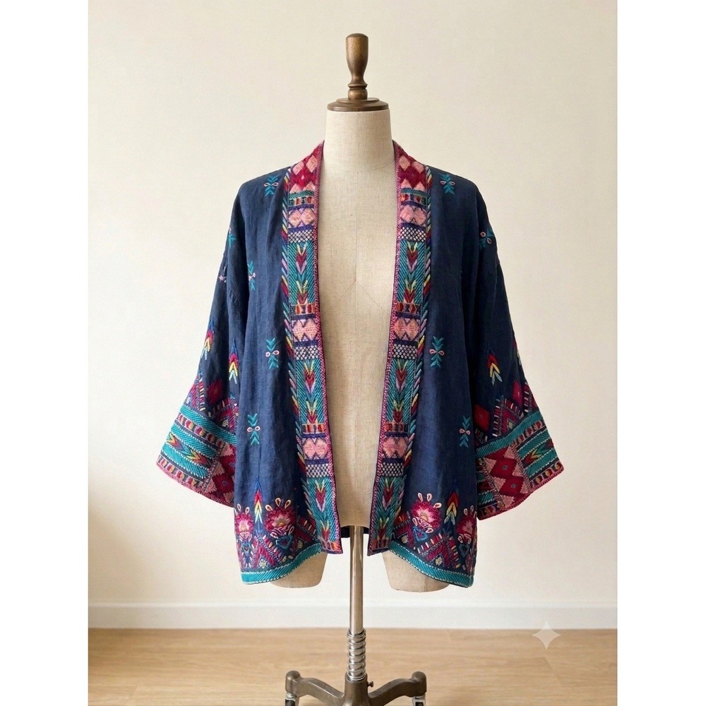 Johnny Was Laurelle Cropped Boho Embroidered Linen Open Kimono Navy NWT RARE